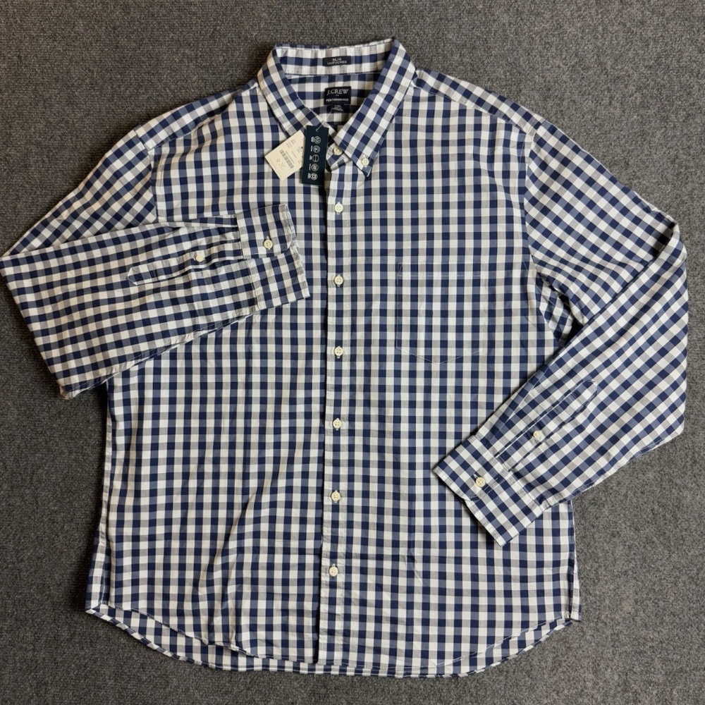 NWT J Crew Performance Shirt Men's XXL 2XL Blue Gingham Slim Untucked Preppy - Picture 3 of 8